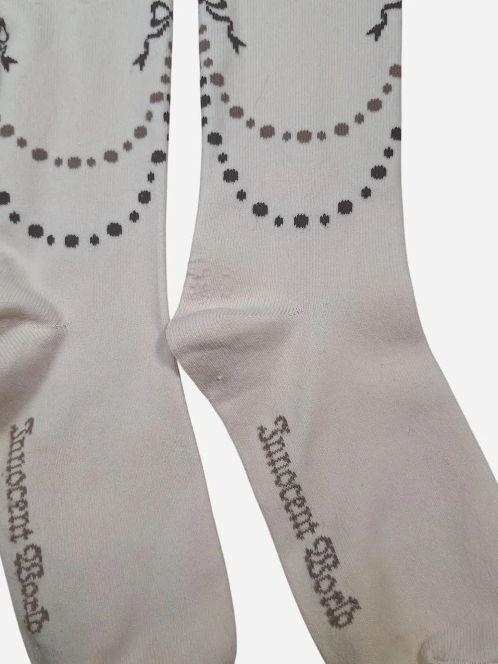 Innocent World Ivory Brown Bow Dot Garland OTK Socks | Classic Lolita